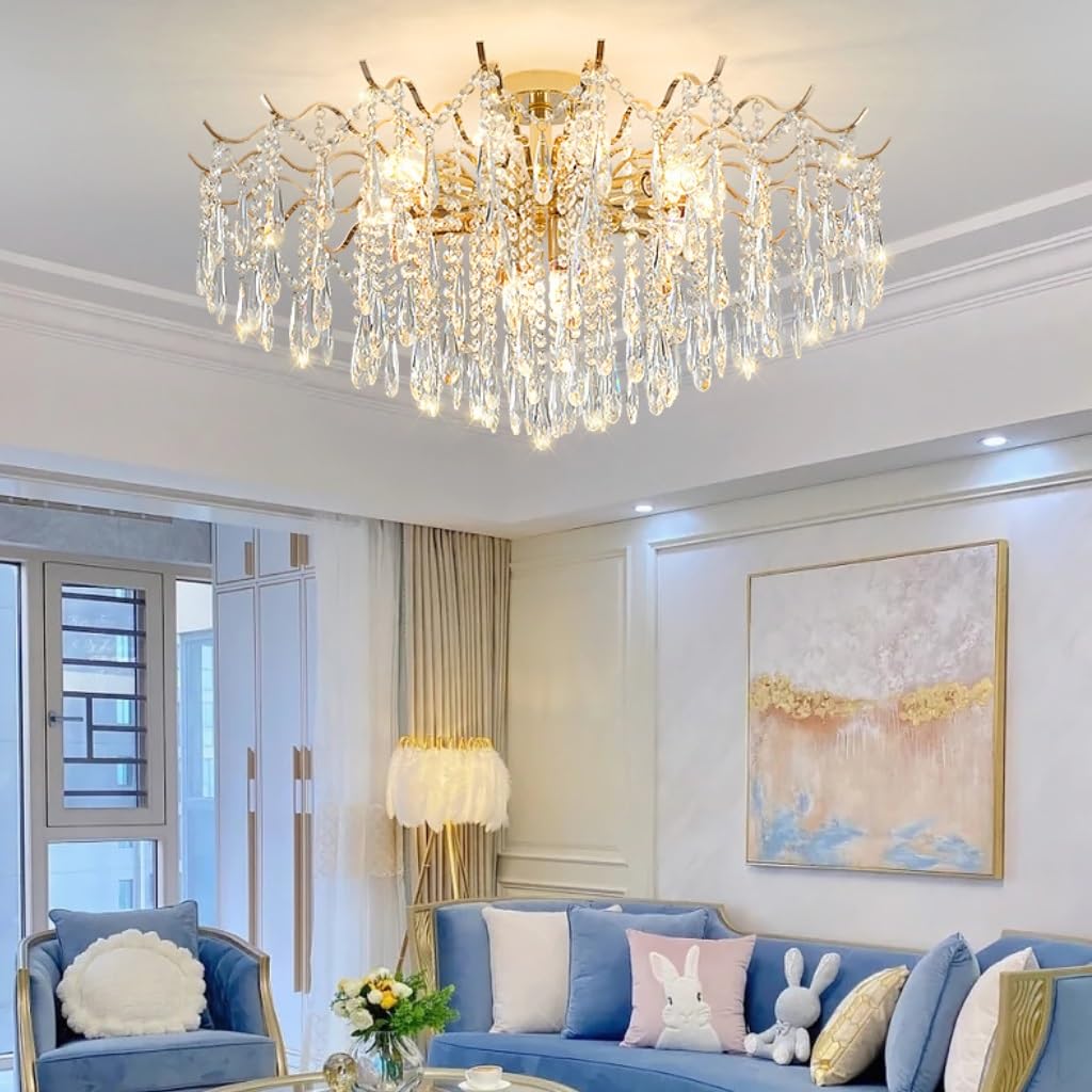 Modern French Style Crystal Living Room Pendant Light E14 (D60/80 cm) Gold Elegant Design for Living Room/Dining Room/Bedroom/Office, Crystal Materials Polished Gold Metal (60 cm)