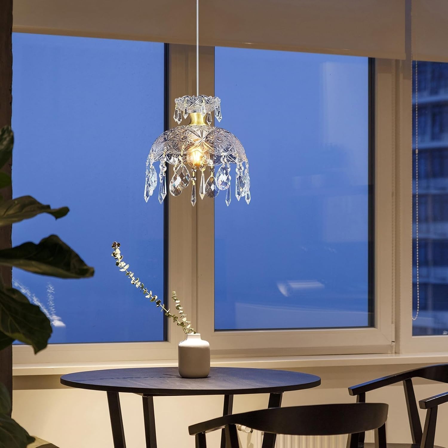 Modern Bronze Glass Pendant Light 25 cm with Clear Crystal Ball E27 Height Adjustable Vintage Style for Kitchen Island Bedroom Dining Room Living Room Chandelier