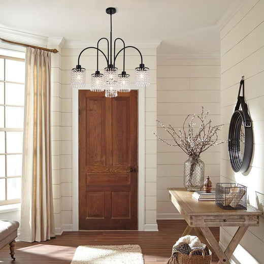 Ganeed Crystal Pendant Light Modern Metal Pendant Light for Dining Room Living Room Bedroom with Black Teardrop Shade 6 Lights