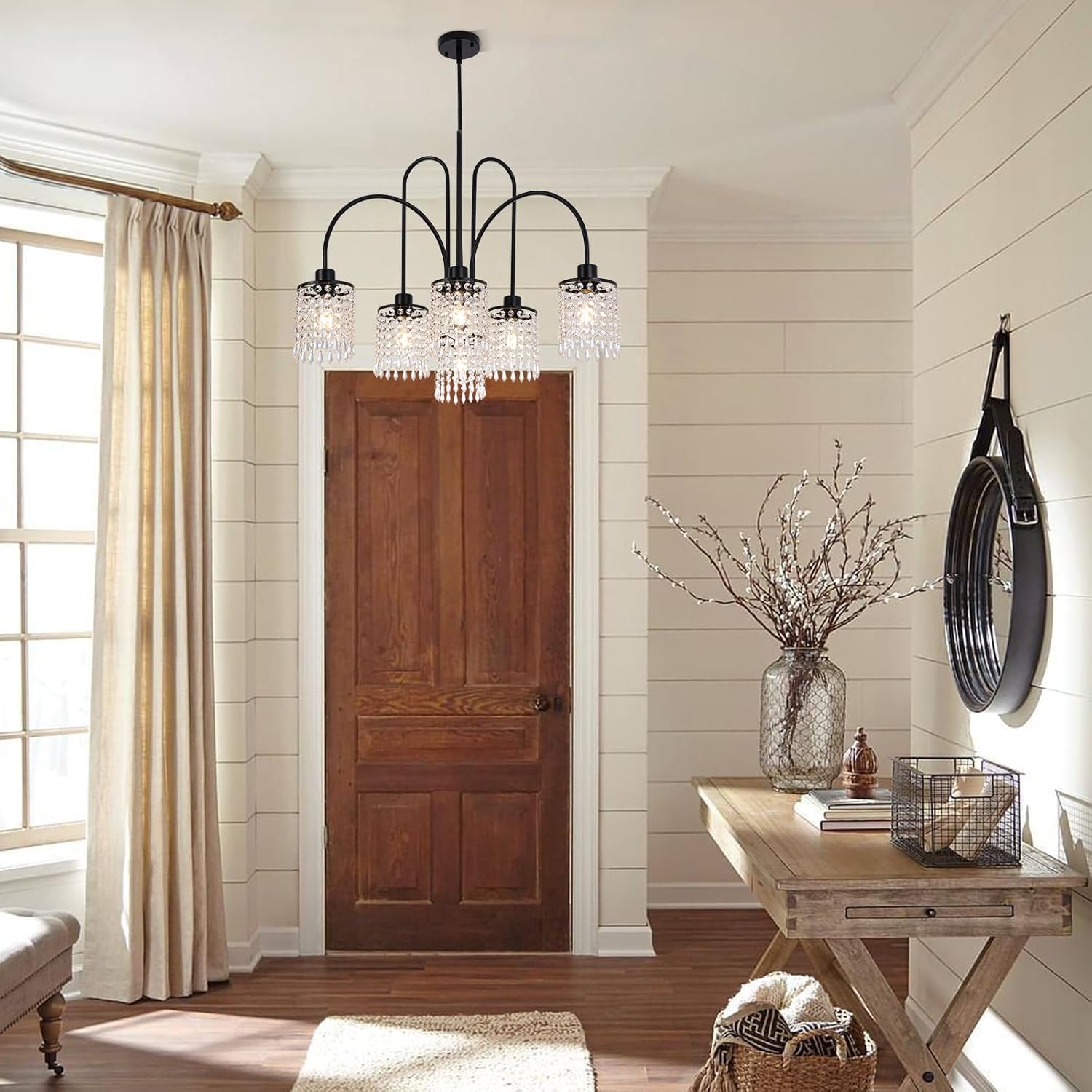 Ganeed Crystal Pendant Light Modern Metal Pendant Light for Dining Room Living Room Bedroom with Black Teardrop Shade 6 Lights