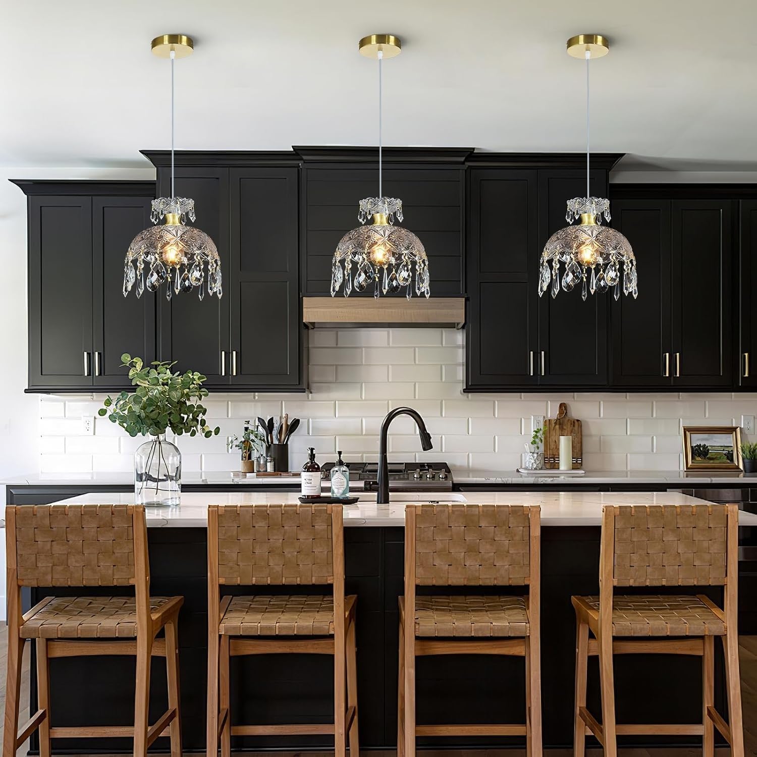 Modern Bronze Glass Pendant Light 25 cm with Clear Crystal Ball E27 Height Adjustable Vintage Style for Kitchen Island Bedroom Dining Room Living Room Chandelier