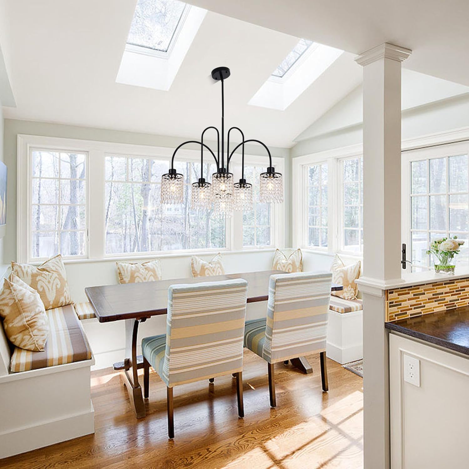 Ganeed Crystal Pendant Light Modern Metal Pendant Light for Dining Room Living Room Bedroom with Black Teardrop Shade 6 Lights