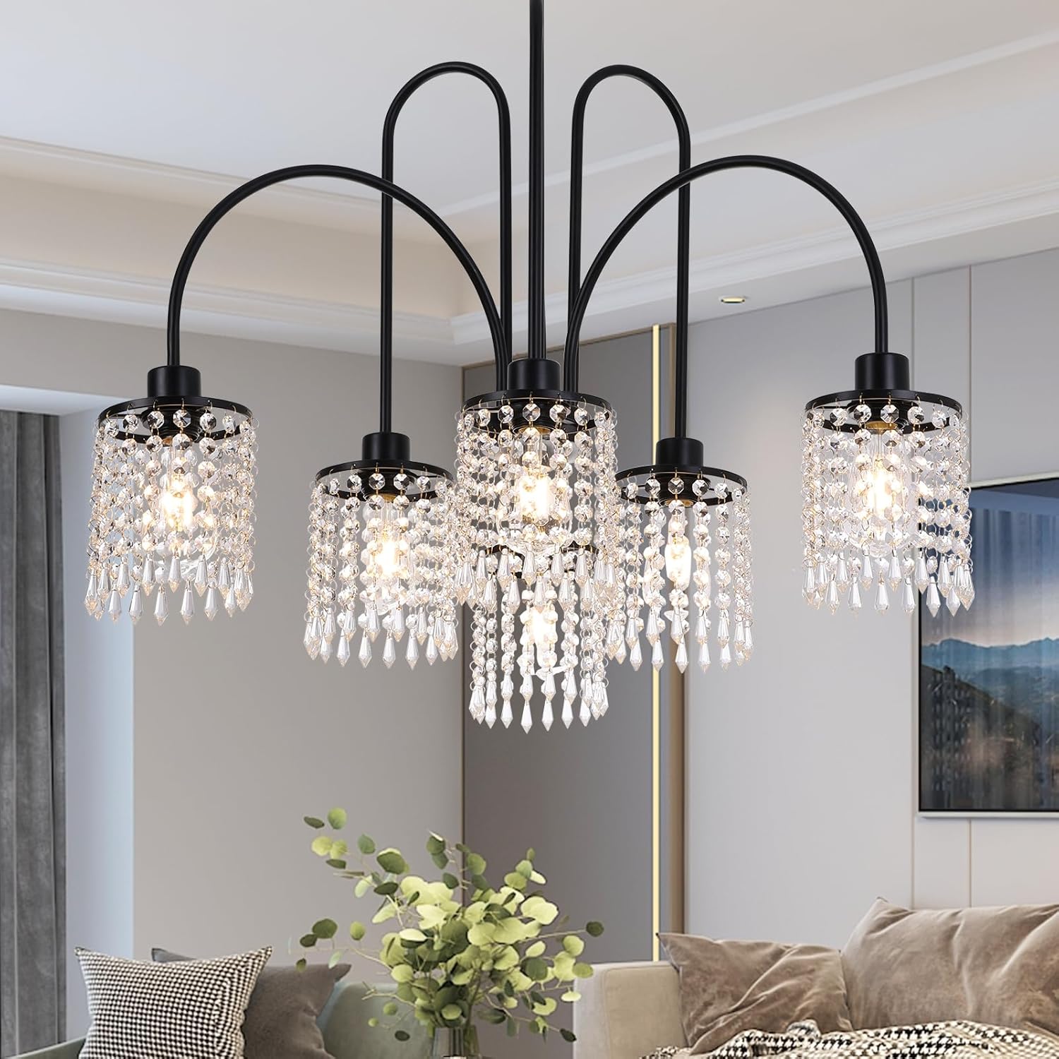 Ganeed Crystal Pendant Light Modern Metal Pendant Light for Dining Room Living Room Bedroom with Black Teardrop Shade 6 Lights