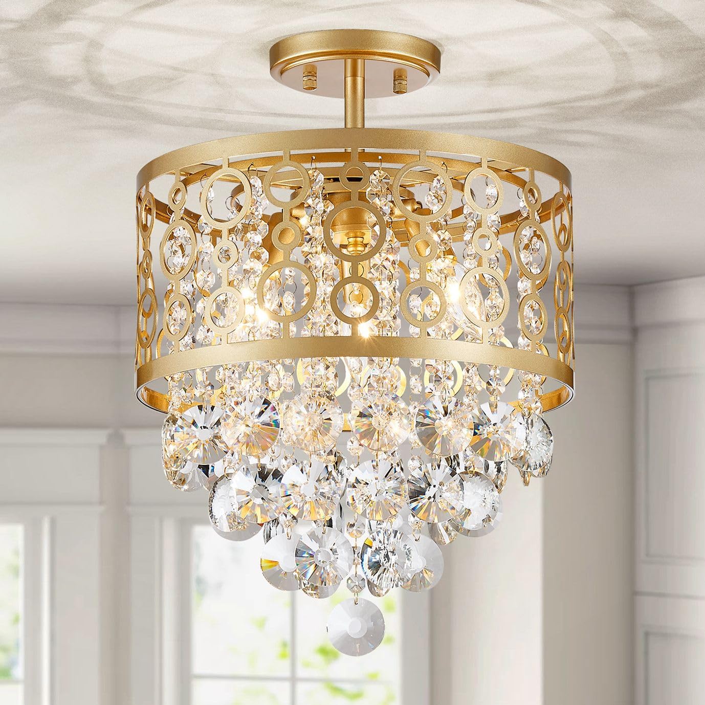 WUZUPS Crystal Drum Chandelier Flushmount Ceiling Light Modern Lighting for Entryway Hallway Kitchen Bathroom Bedroom H 41.5 cm x W 33 cm, Base E27, Gold
