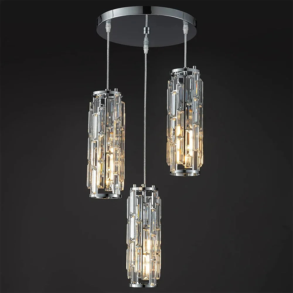 Lustre Industriel en Cristal, Structure Moderne Réglable, Design Chromé Noir