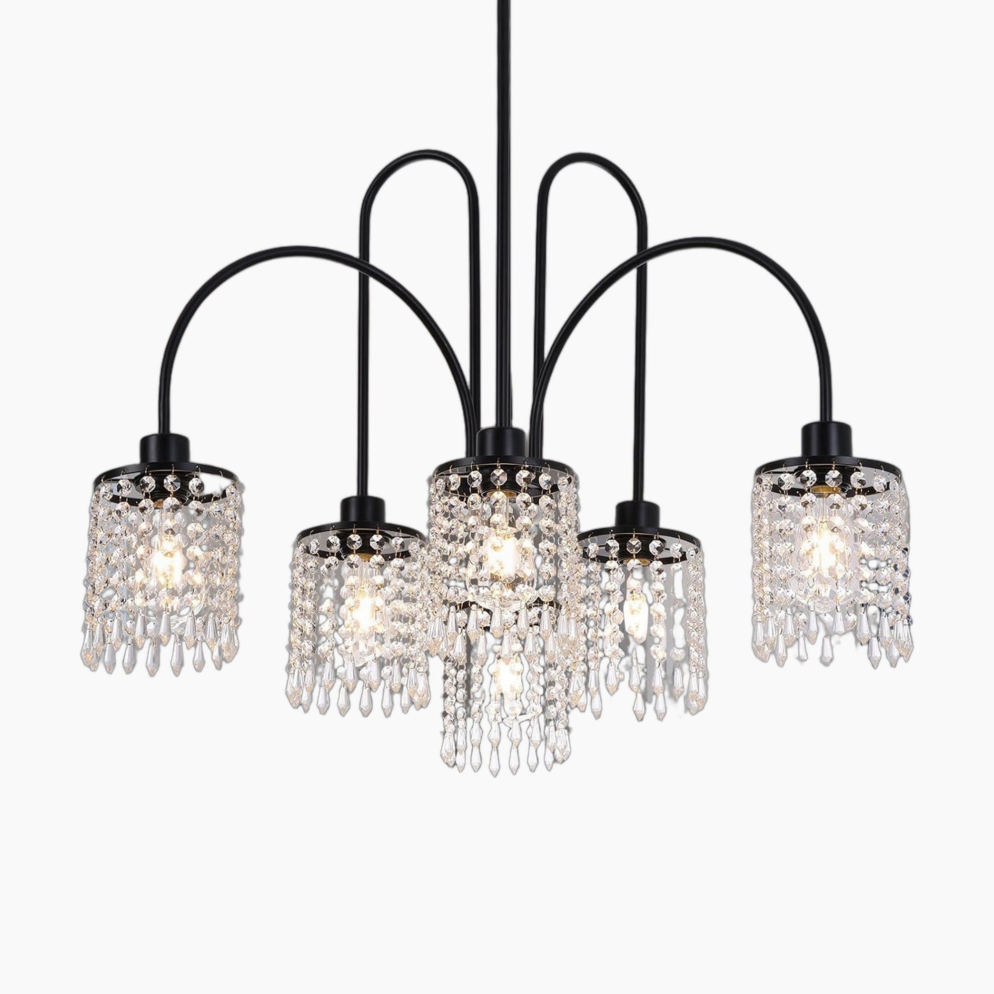 Lustre salle à manger en cristal avec gouttes métalliques noires et formes irregulières